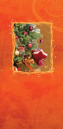 Πορτοκαλί κάρτα με Χριστουγεννιάτικο δέντρο και δώρα
