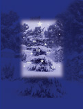 Μπλε Χριστουγεννιάτικη κάρτα με τοπίο από χιονισμένο έλατο. Ασημοτυπία.